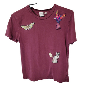 Little Moon Embroidered Patches Burgundy T-Shirt
